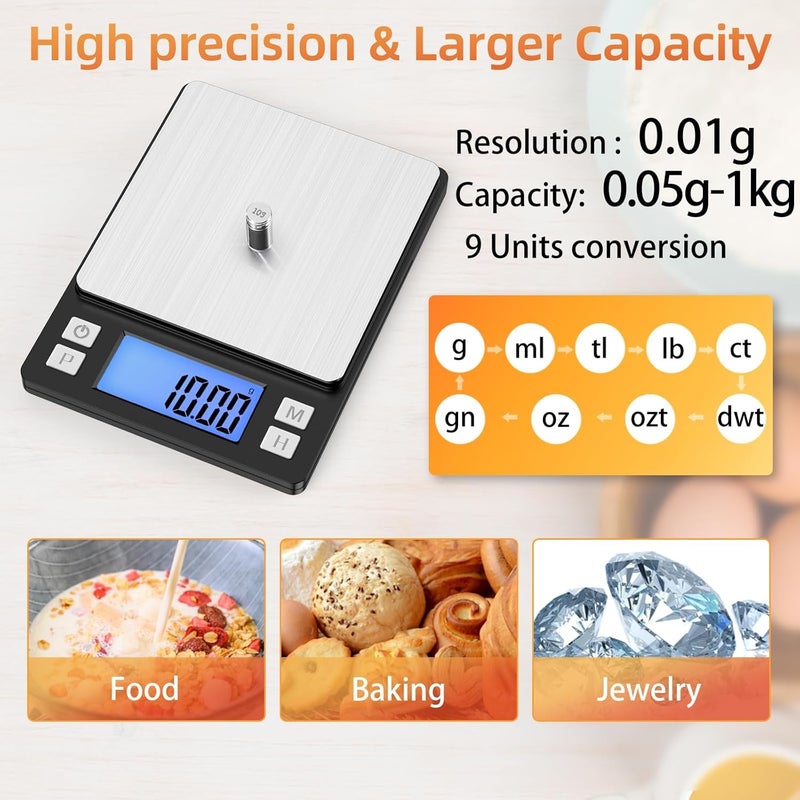 BOMATA 0.01g Small Digital Gram Scale, USB Rechargeable, Upgraded 1kg Jewelry Scale with Larger Display and Hold Function, High Precision, Grams and oz for Herb, Coin, Powder, Yeast, Kitchen Black - Image 2